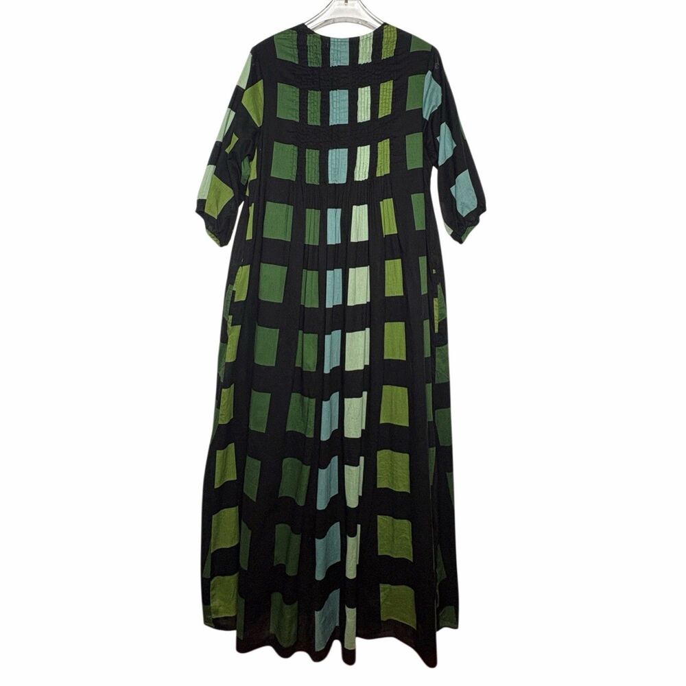 Dolma Maxi Dress Size Small SKYE Green Black Pintuck Neckline Cotton A-Line - Picture 4 of 9